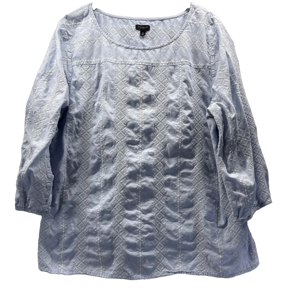 Talbots Women's Top Size XL Blue White Embroidered 3/4 Sleeves Pullover Cotton